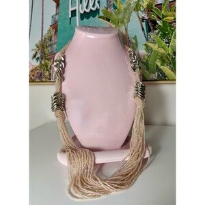 Vintage Pink Iridescent Multi Strand Beaded Necklace Silver Tone Long Fashion